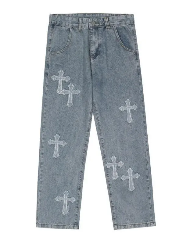 Blue men's vintage jeans with cross patch