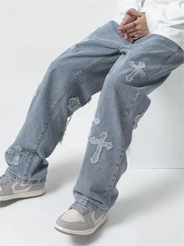 Blue men's vintage jeans with cross patch