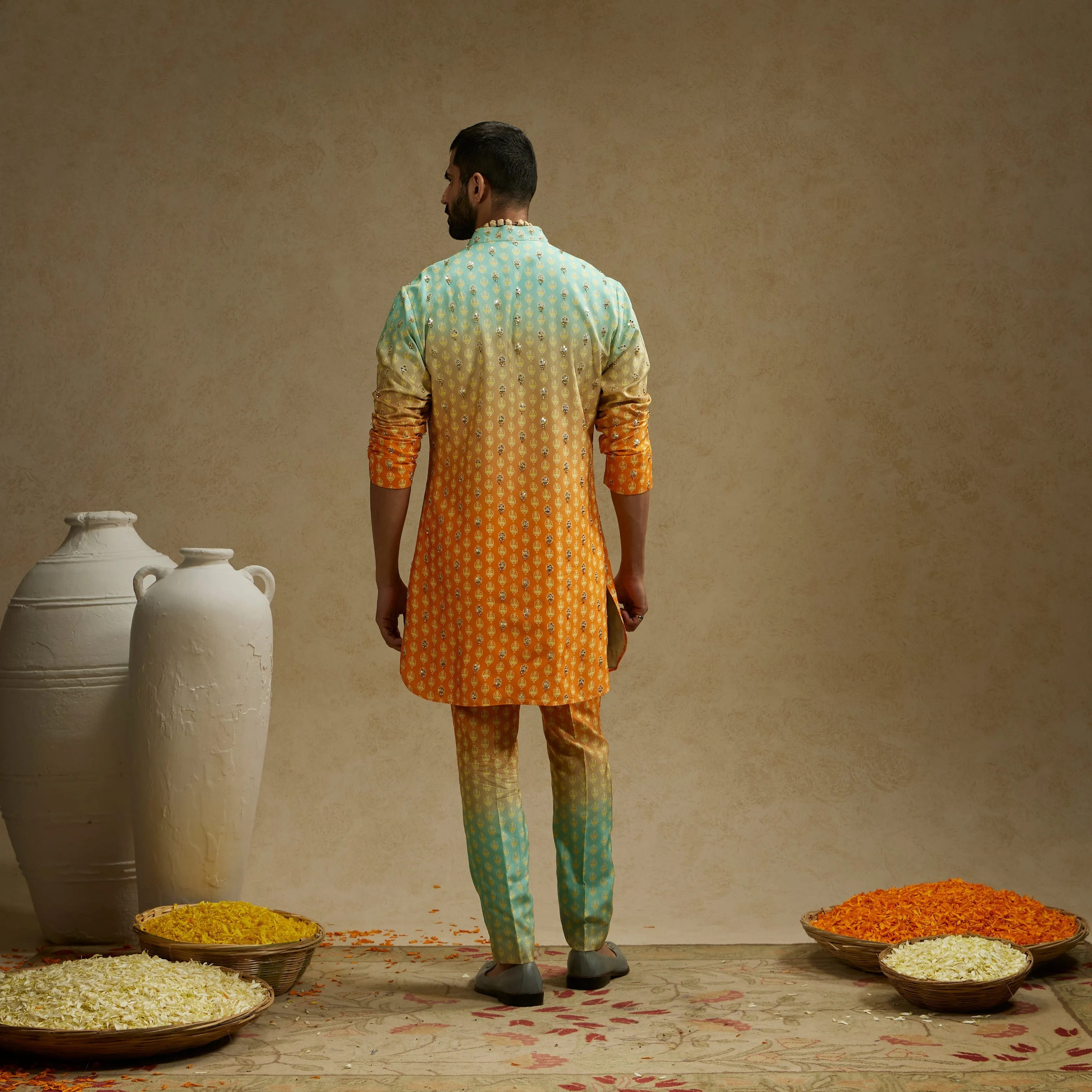Blue Orange Ombre Print Highlighted Kurta Set