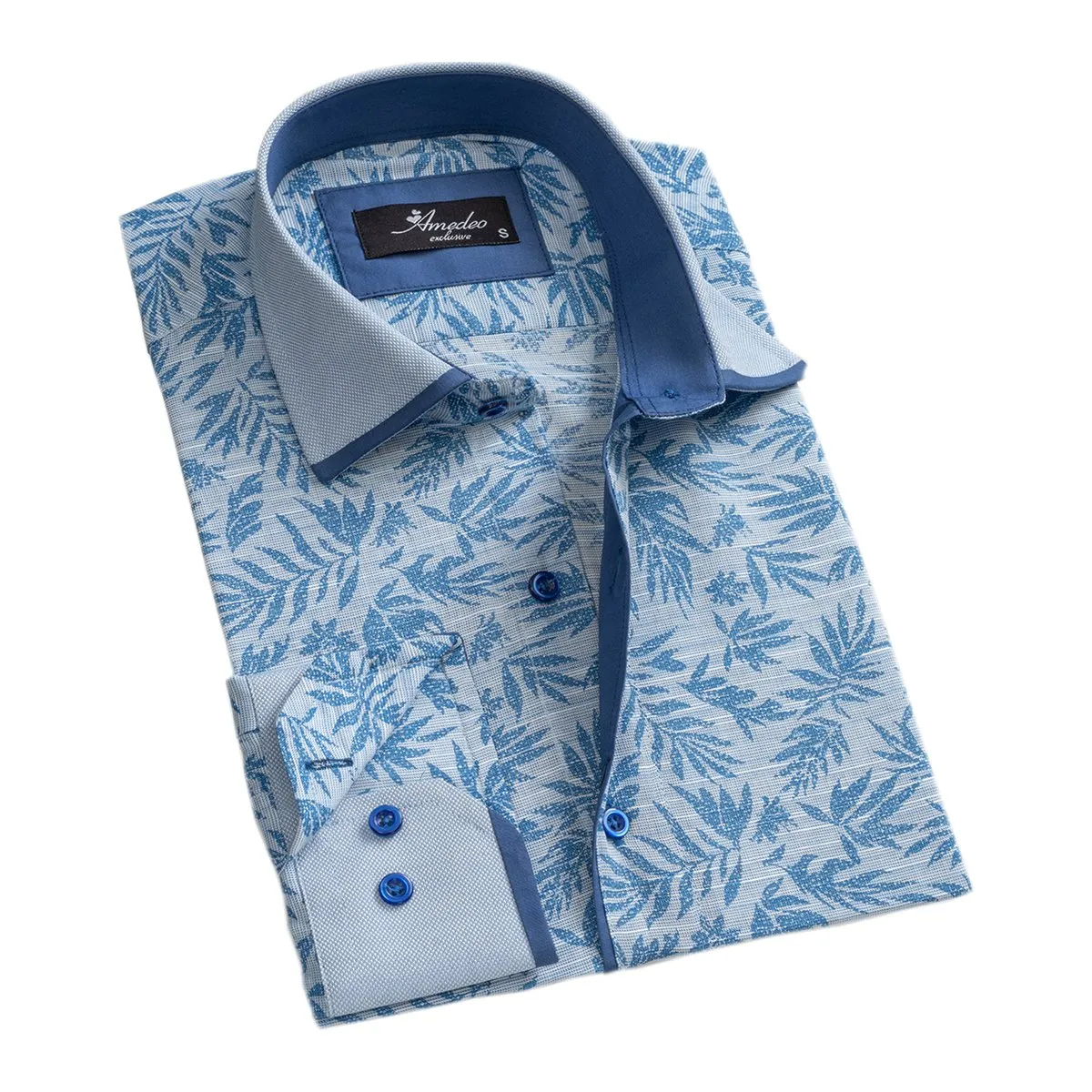 Blueish Grey Floral Mens Slim Fit Designer Dress Shirt - tailored Cotton Shirts for Work and