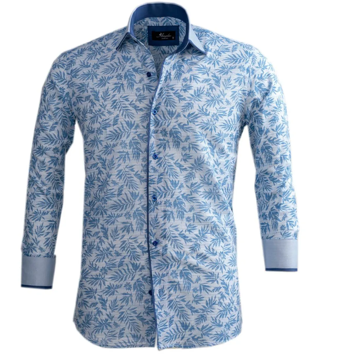 Blueish Grey Floral Mens Slim Fit Designer Dress Shirt - tailored Cotton Shirts for Work and