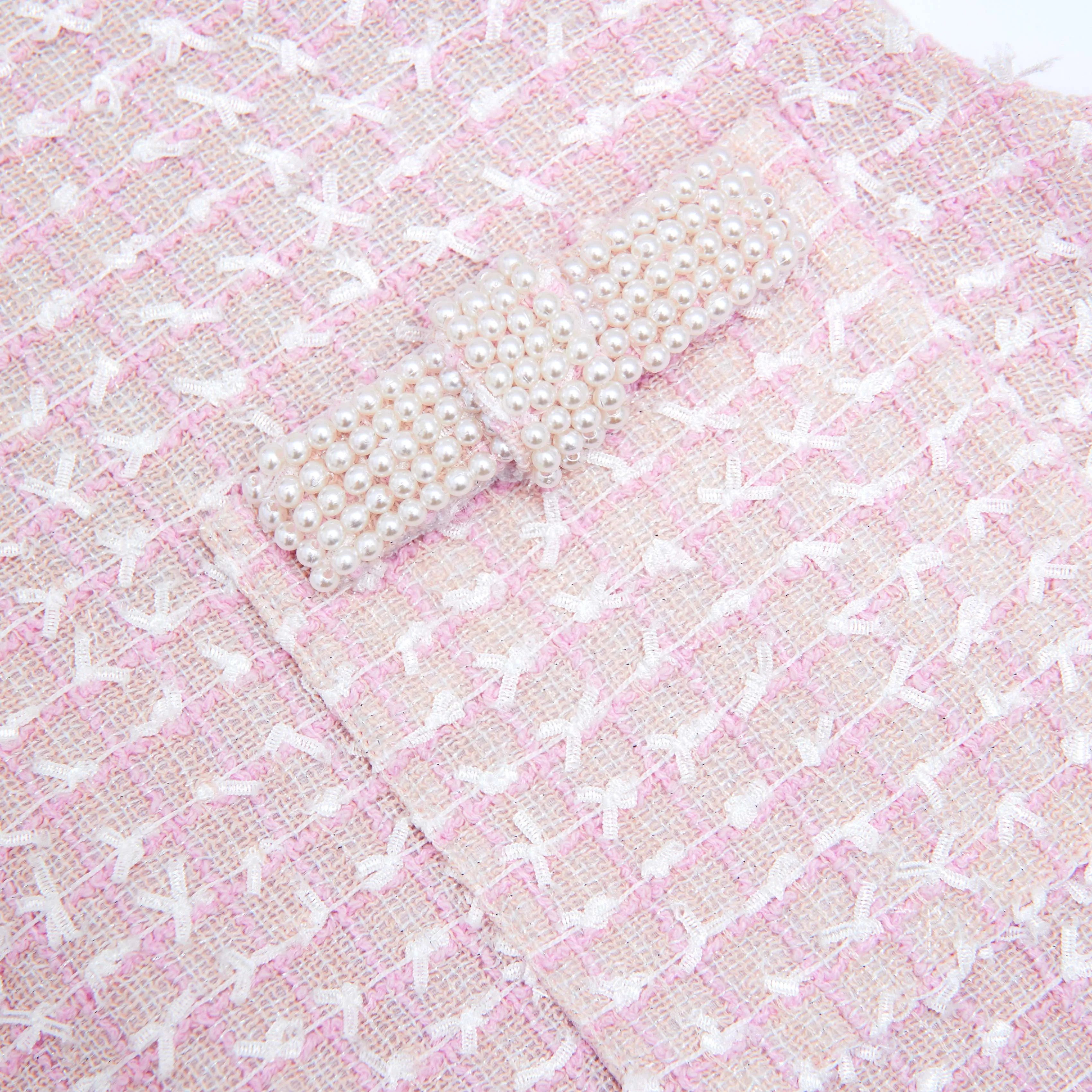 boucle pearl trim mini dress in pink