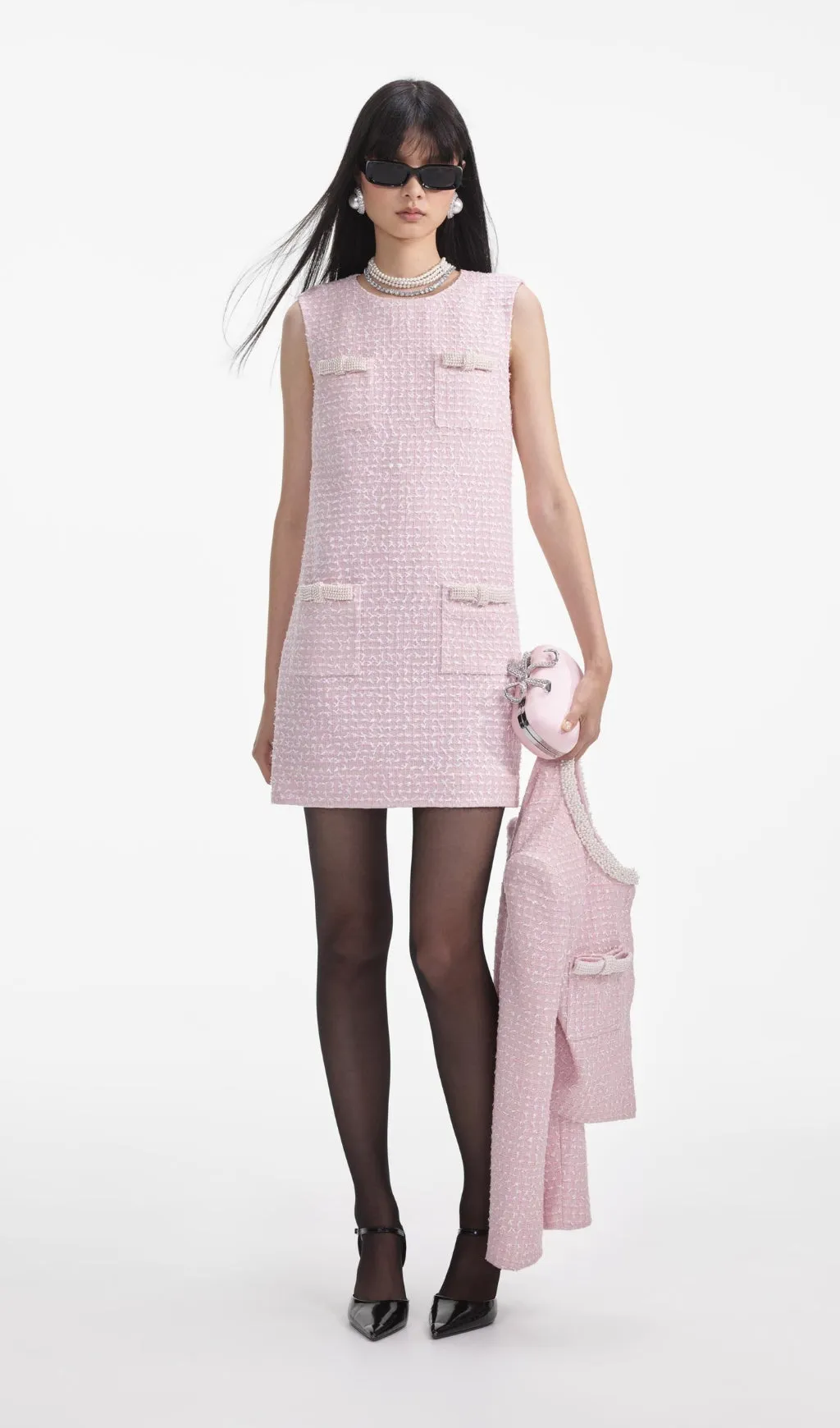 boucle pearl trim mini dress in pink