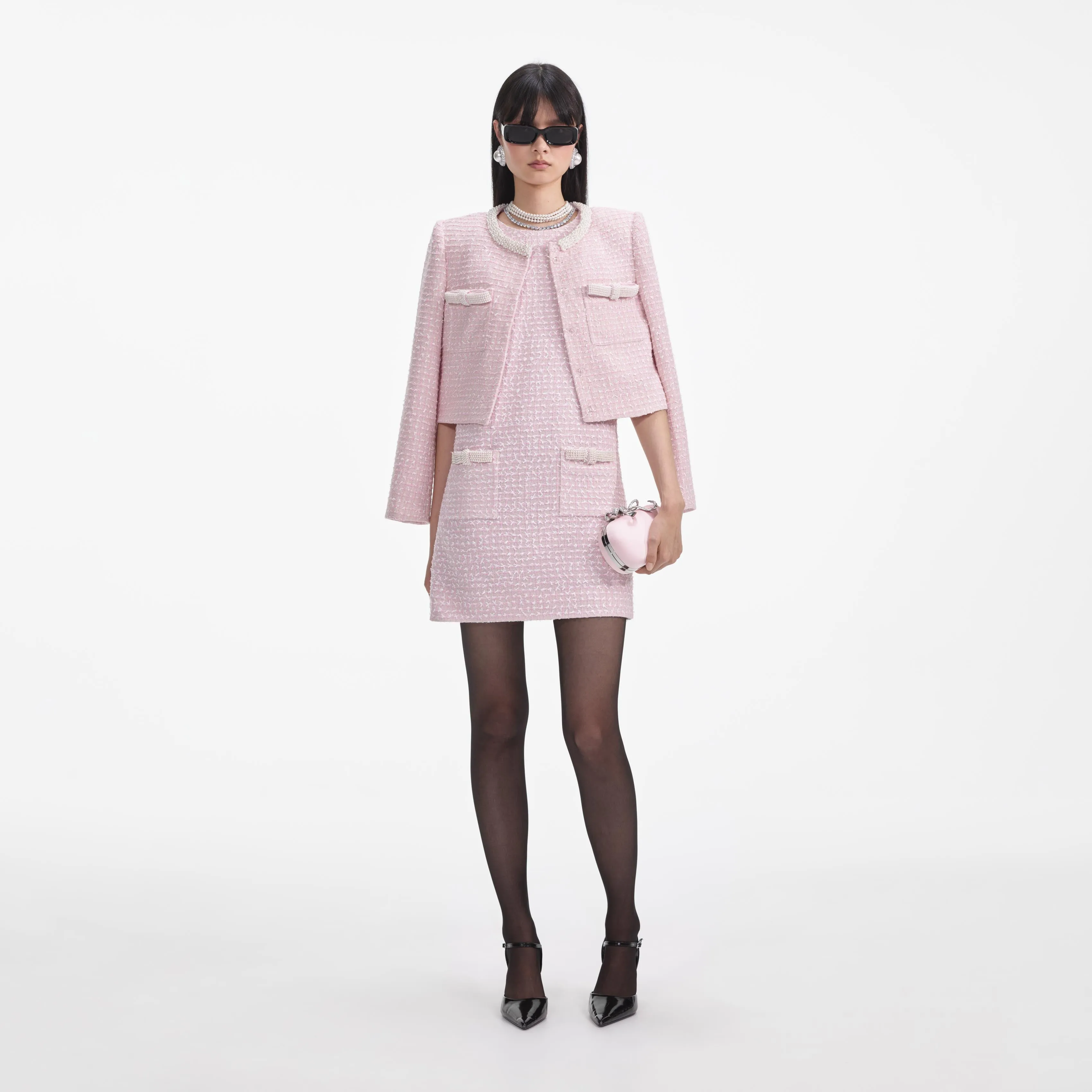 boucle pearl trim mini dress in pink