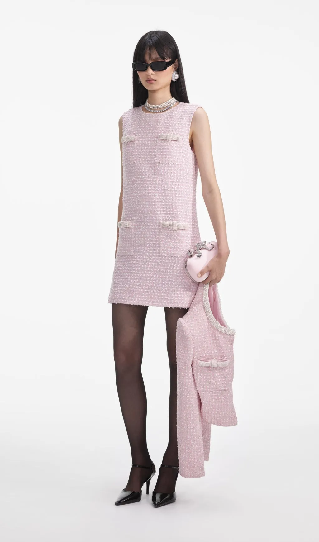 boucle pearl trim mini dress in pink