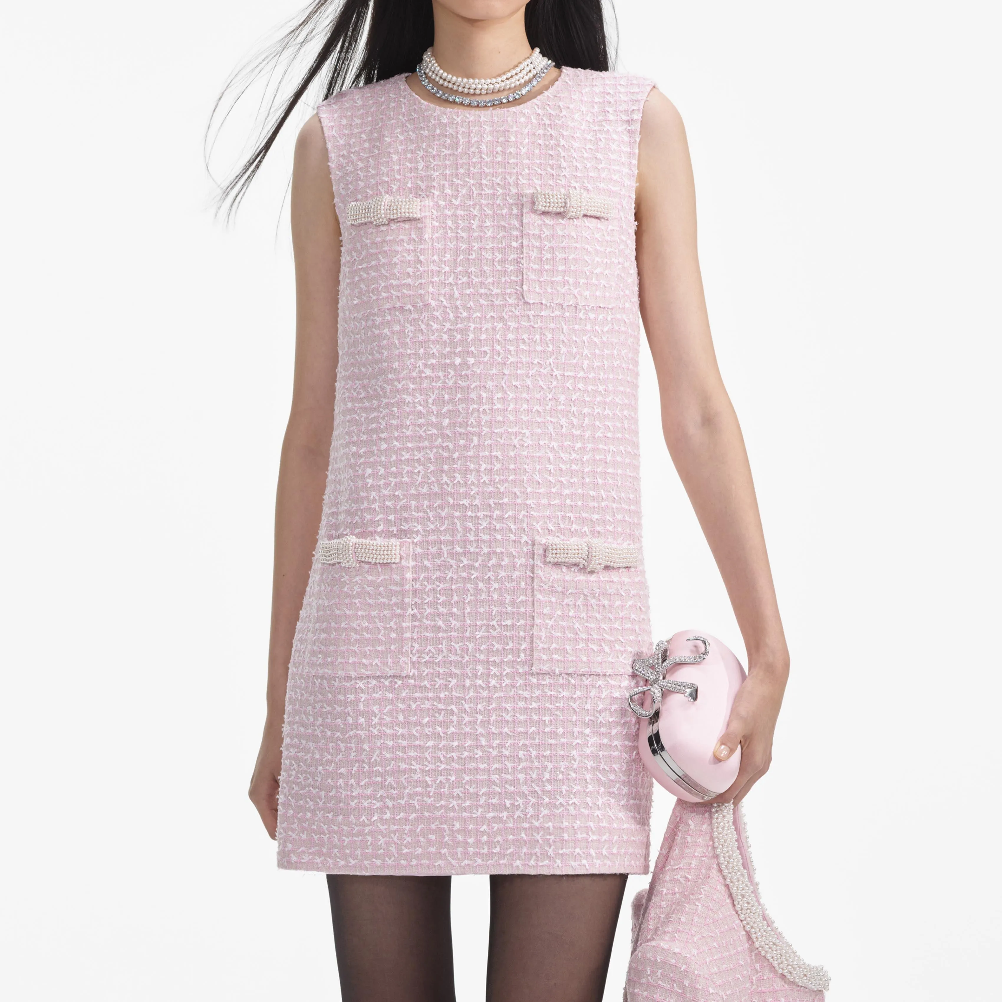 boucle pearl trim mini dress in pink