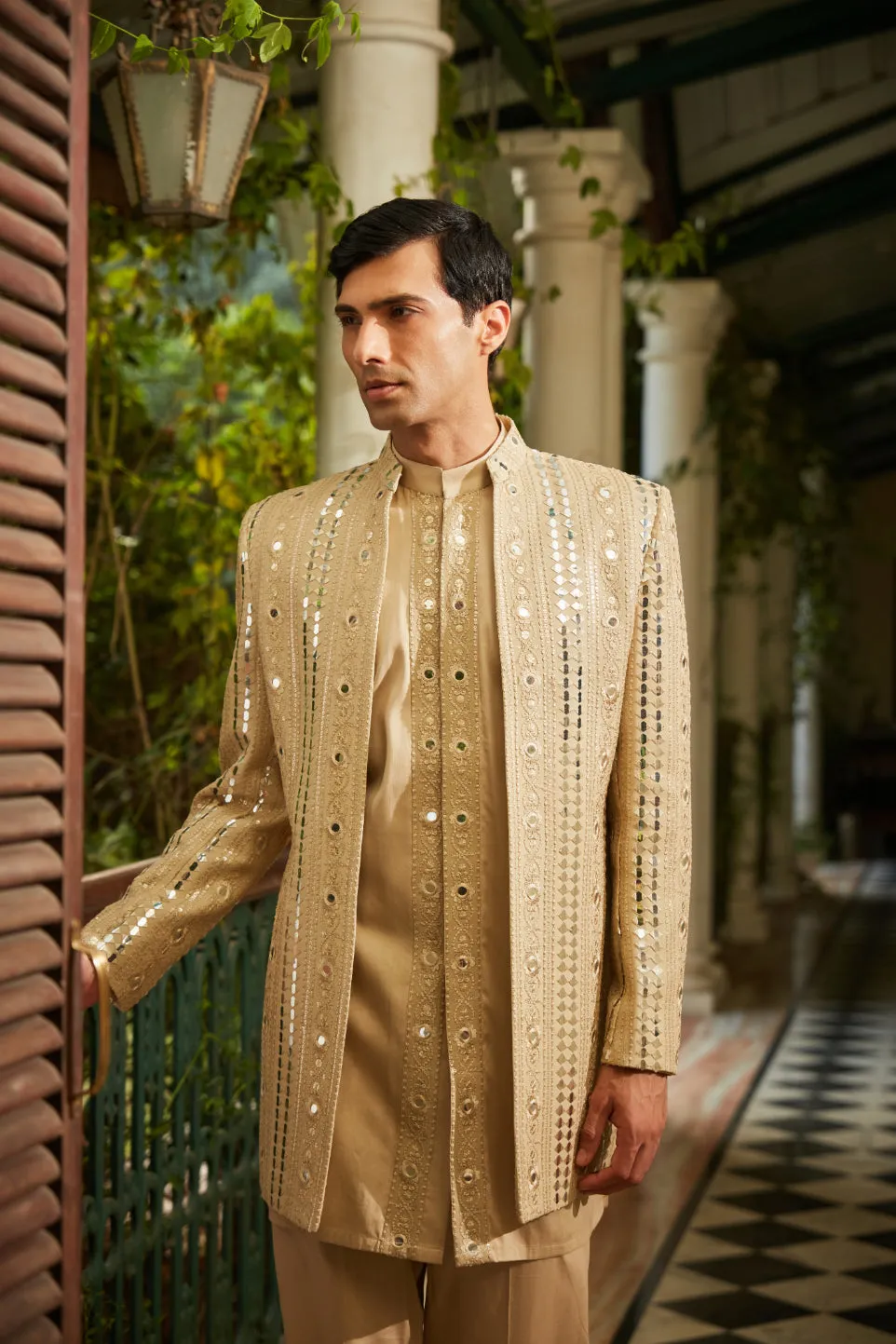 Calvin Embroidered Indowestern in Beige Gold