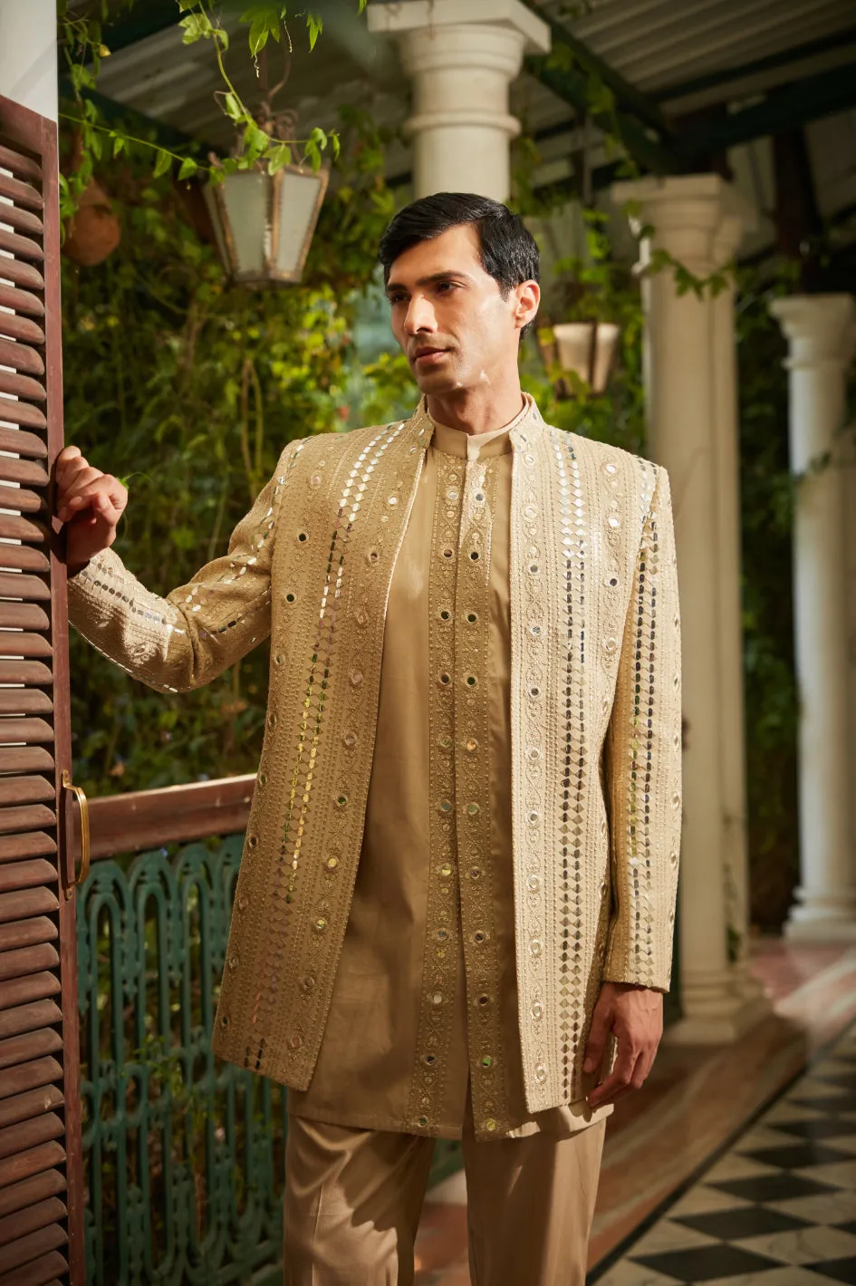 Calvin Embroidered Indowestern in Beige Gold