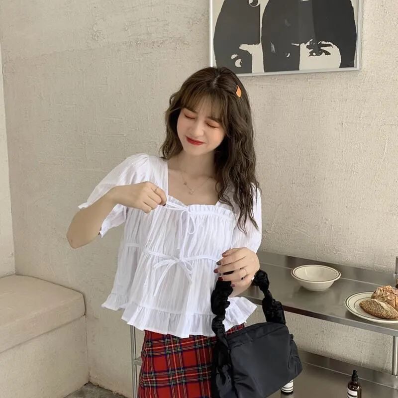 Casual Short Sleeve Ruffles Solid Blouse Shirt