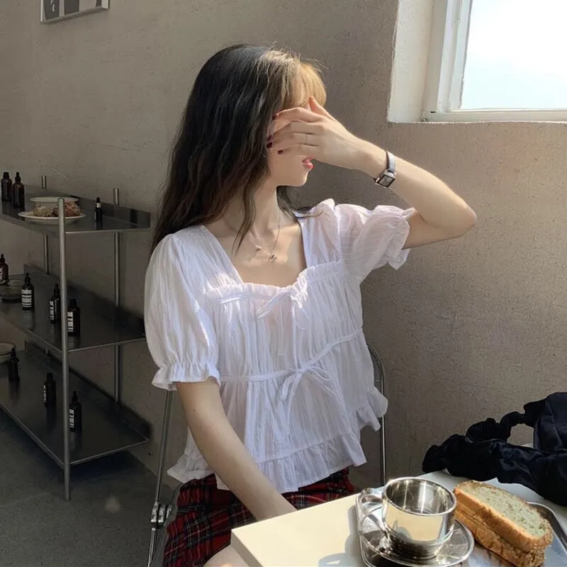 Casual Short Sleeve Ruffles Solid Blouse Shirt