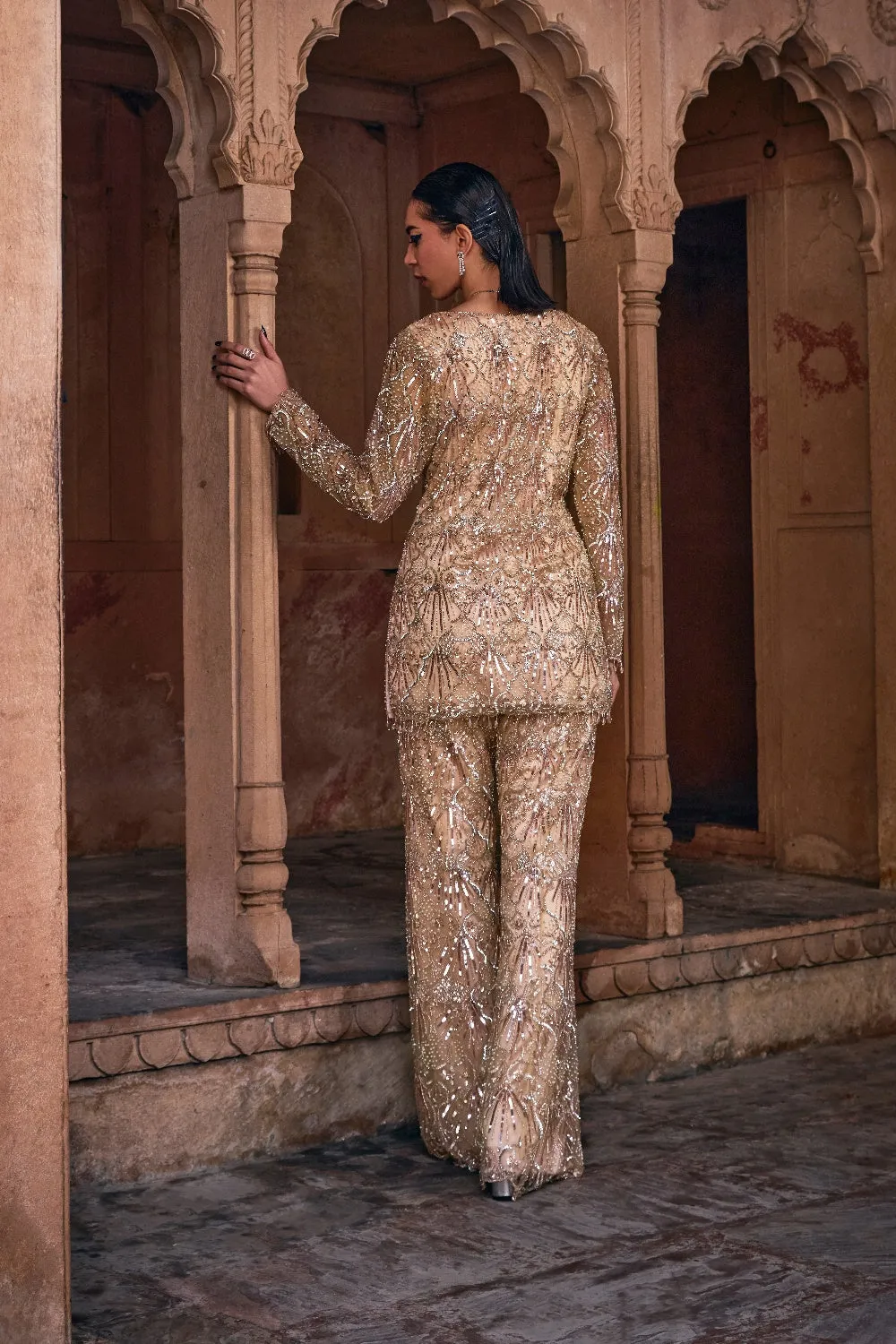 Champagne Gold  Embroidered Kurti Set