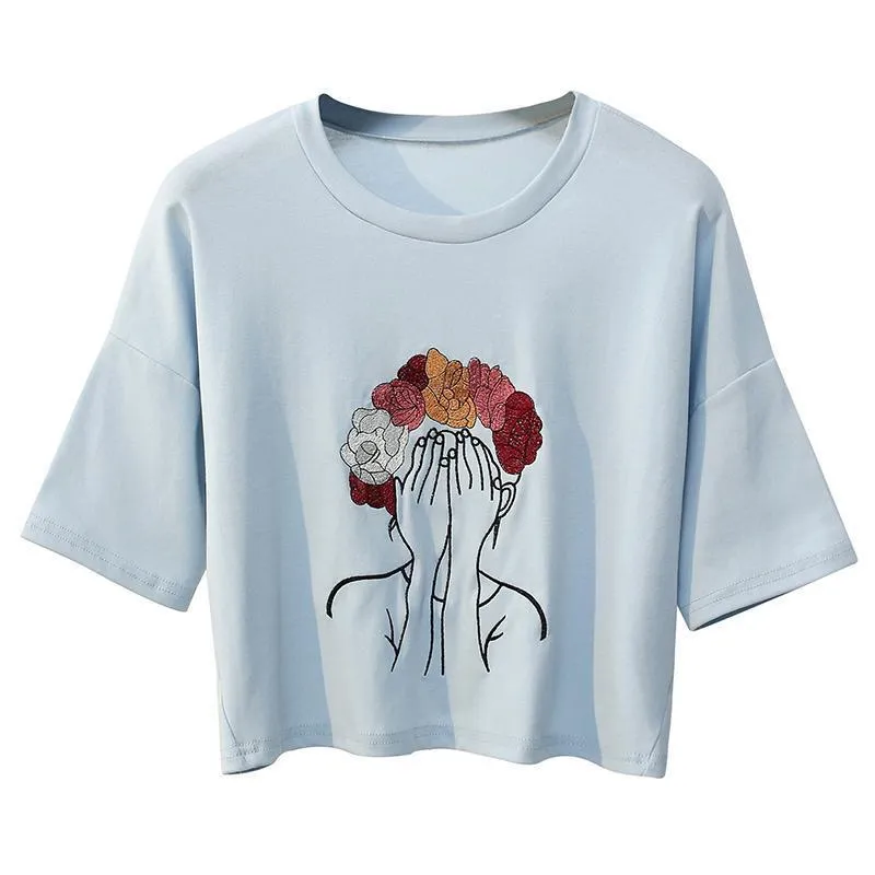 Character Embroidery Crop T-Shirt