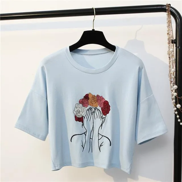 Character Embroidery Crop T-Shirt