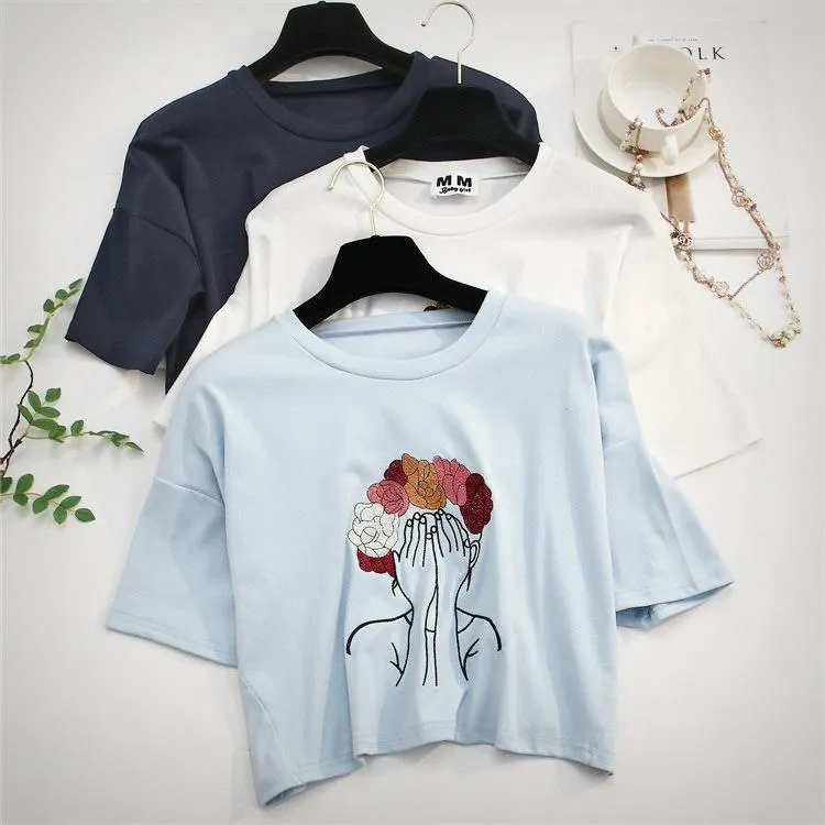 Character Embroidery Crop T-Shirt