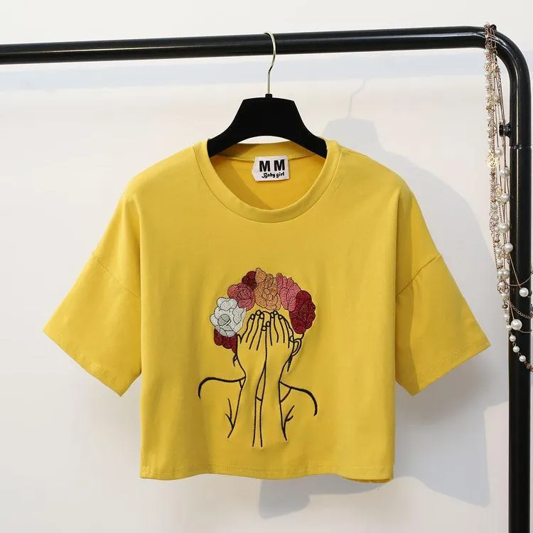 Character Embroidery Crop T-Shirt