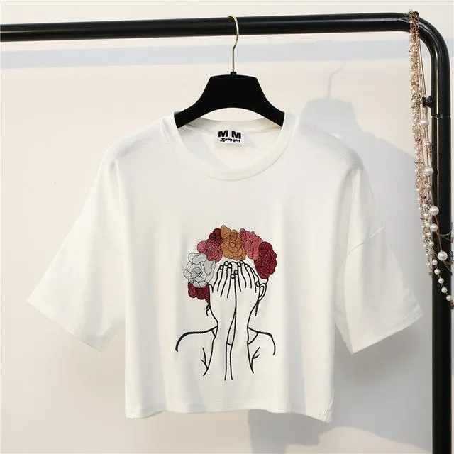 Character Embroidery Crop T-Shirt
