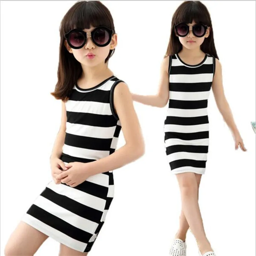 Children dresses in black clothes and white stripes 100% Cotton 3-14 years old vest dresses for teens