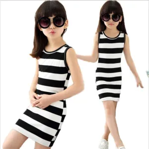 Children dresses in black clothes and white stripes 100% Cotton 3-14 years old vest dresses for teens