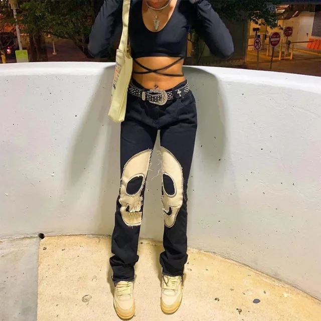 CityHottie - Womens Fashion Skull Patterned Low Rise Jeans Streetwear Women Clothing Black Denim Trousers Cyber Y2k Aesthetic Goth Pants C82-DI53