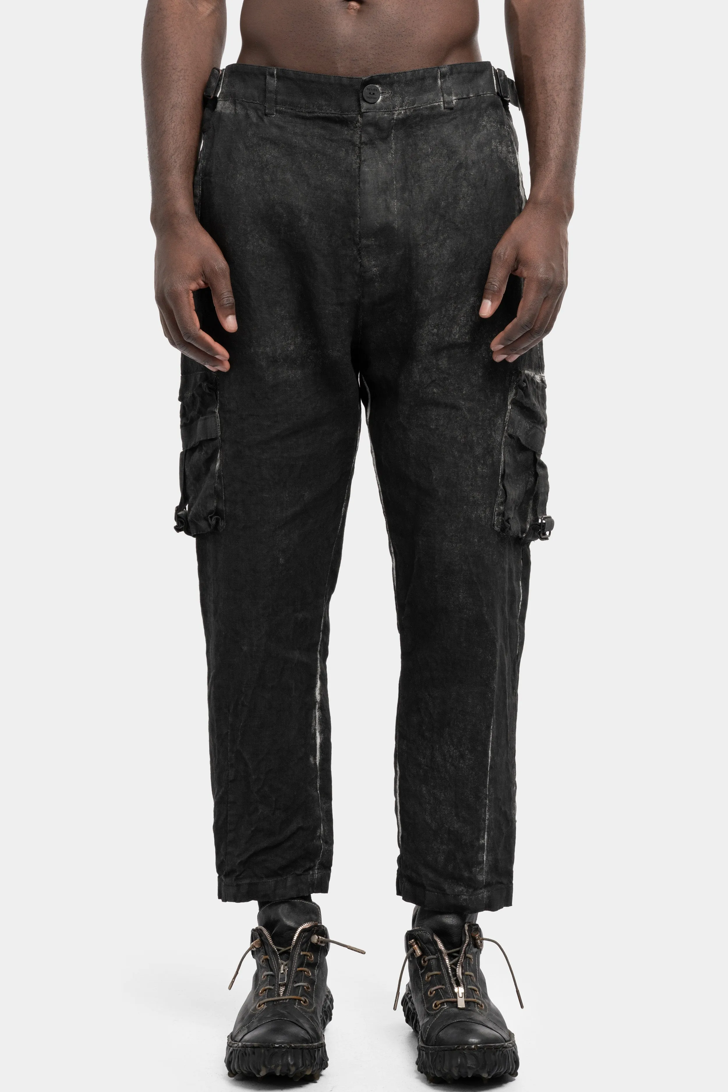 Coated cropped linen pants, Black