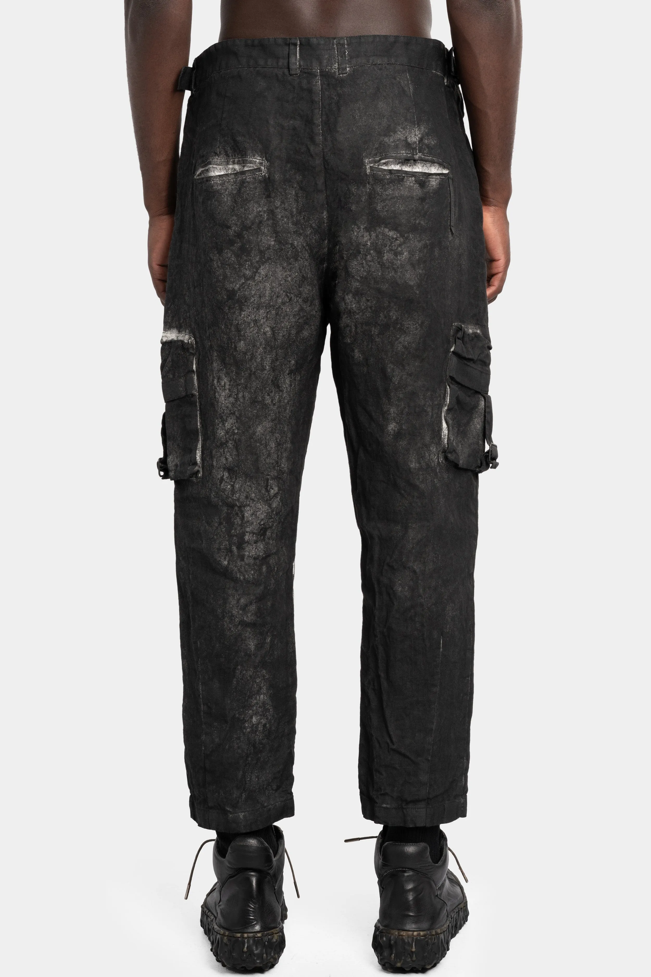 Coated cropped linen pants, Black