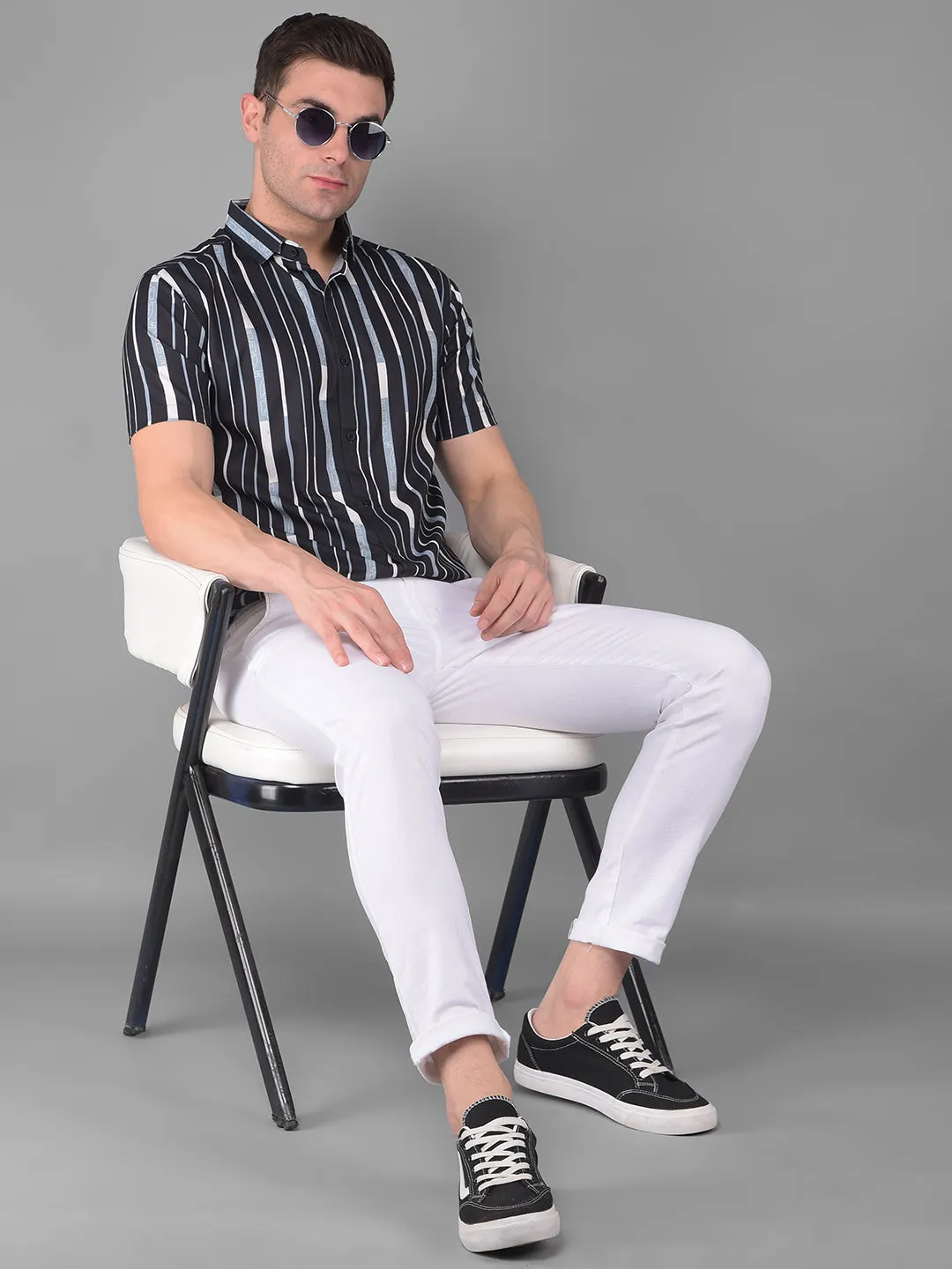 COBB BLACK STRIPED HALF-SLEEVE SLIM FIT CASUAL SHIRT