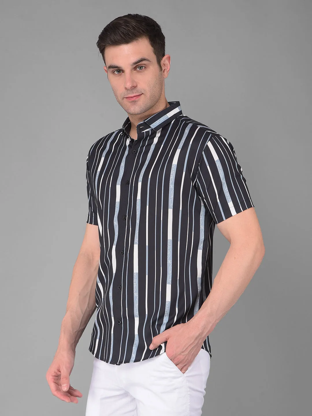 COBB BLACK STRIPED HALF-SLEEVE SLIM FIT CASUAL SHIRT