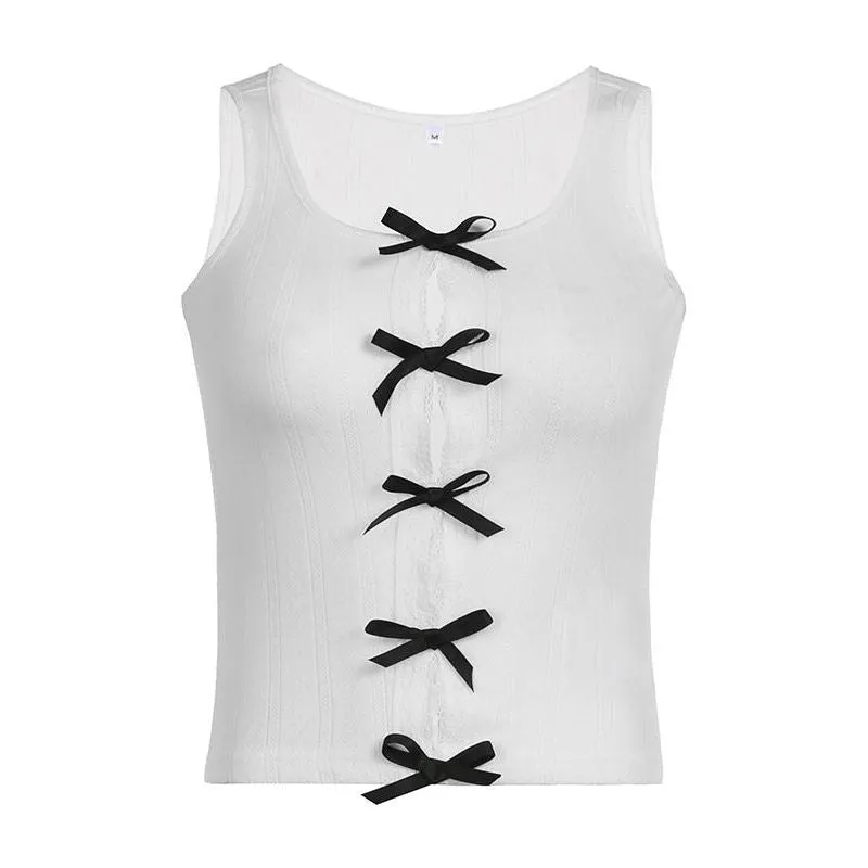 Contrast Color Bowknot Collaged Round Neck Vest For Women