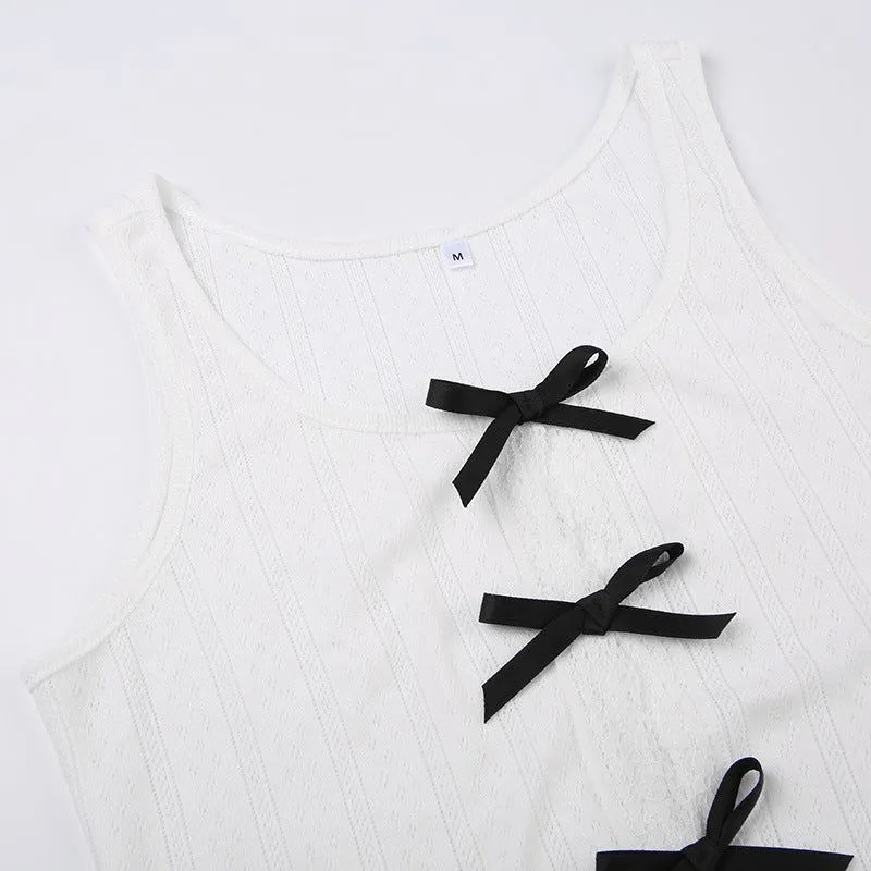 Contrast Color Bowknot Collaged Round Neck Vest For Women