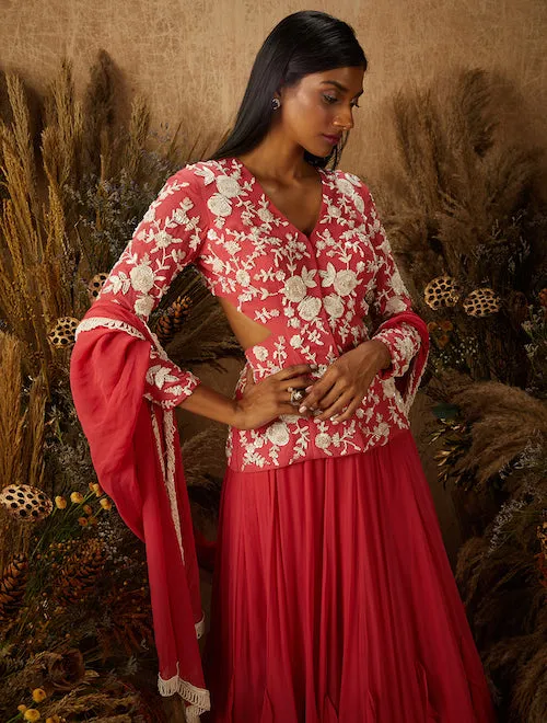 Coral Embellished Jacket Lehenga Set