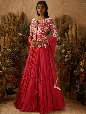 Coral Embellished Jacket Lehenga Set