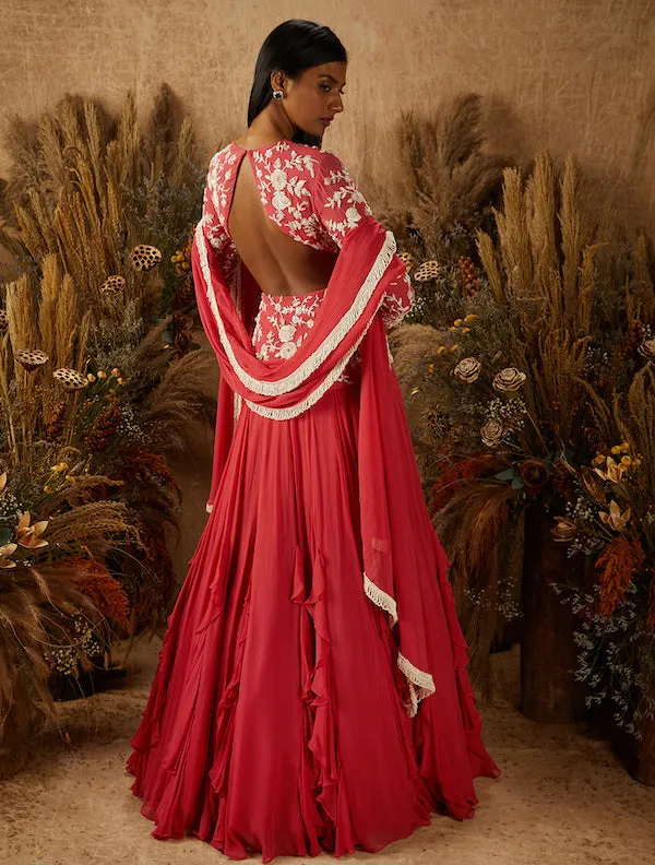 Coral Embellished Jacket Lehenga Set