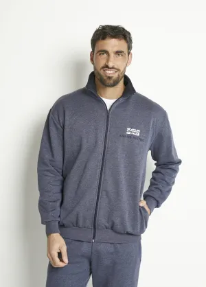 Cotton stand-up collar zipped fleece jacket