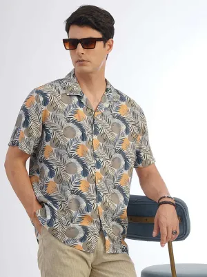 Cream Printed Slim Fit Casual Shirt | JadeBlue