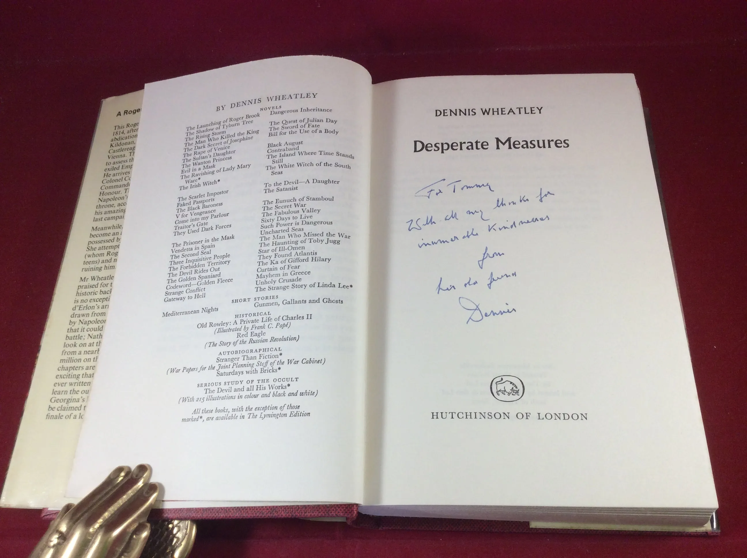 Dennis Wheatley, Desperate Measures, Hutchinson, 1974, First Edition, Signed and Inscribed.