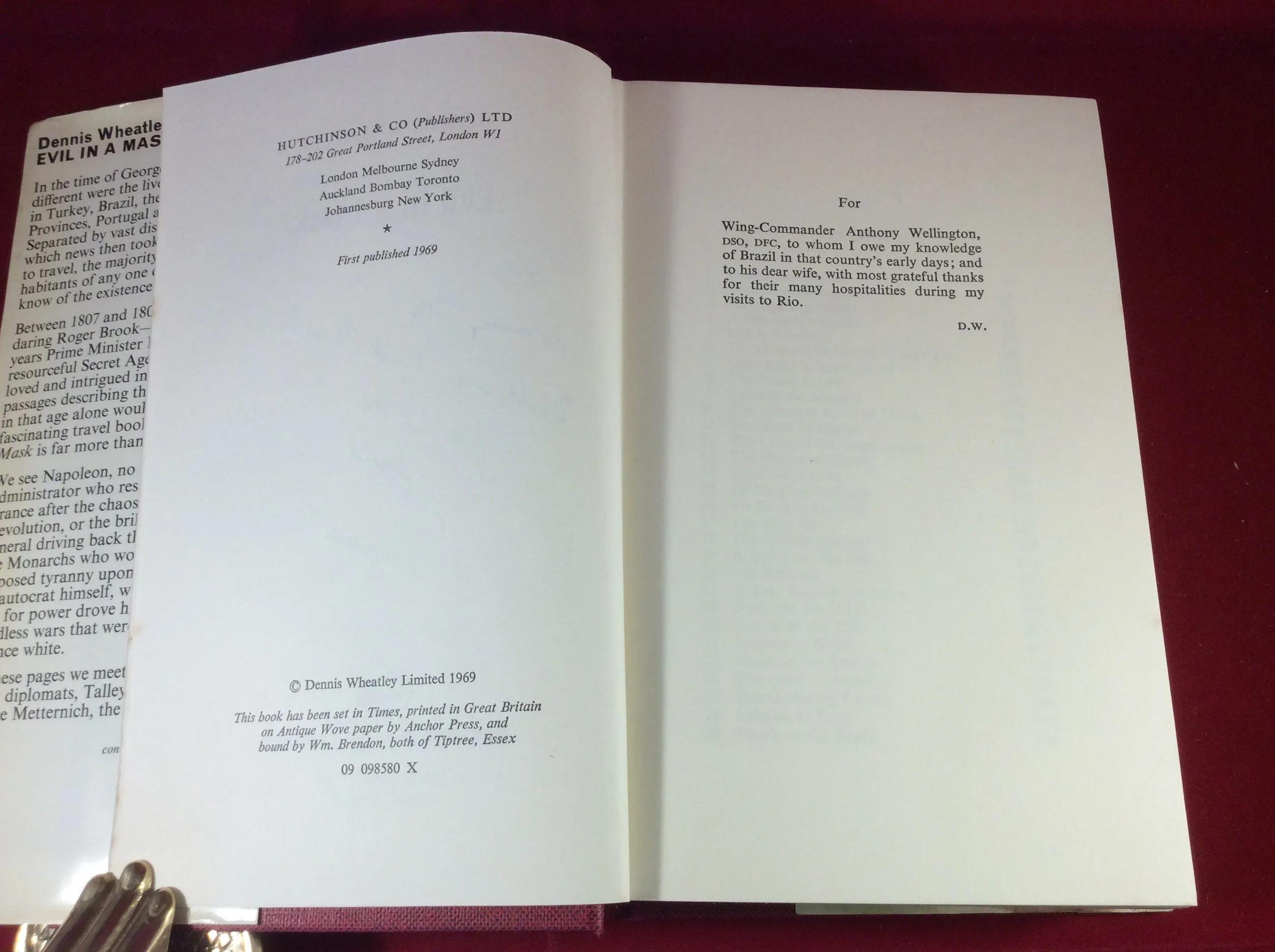 Dennis Wheatley, Evil in a Mask, Hutchinson, 1969, First Edition, Signed and Inscribed.