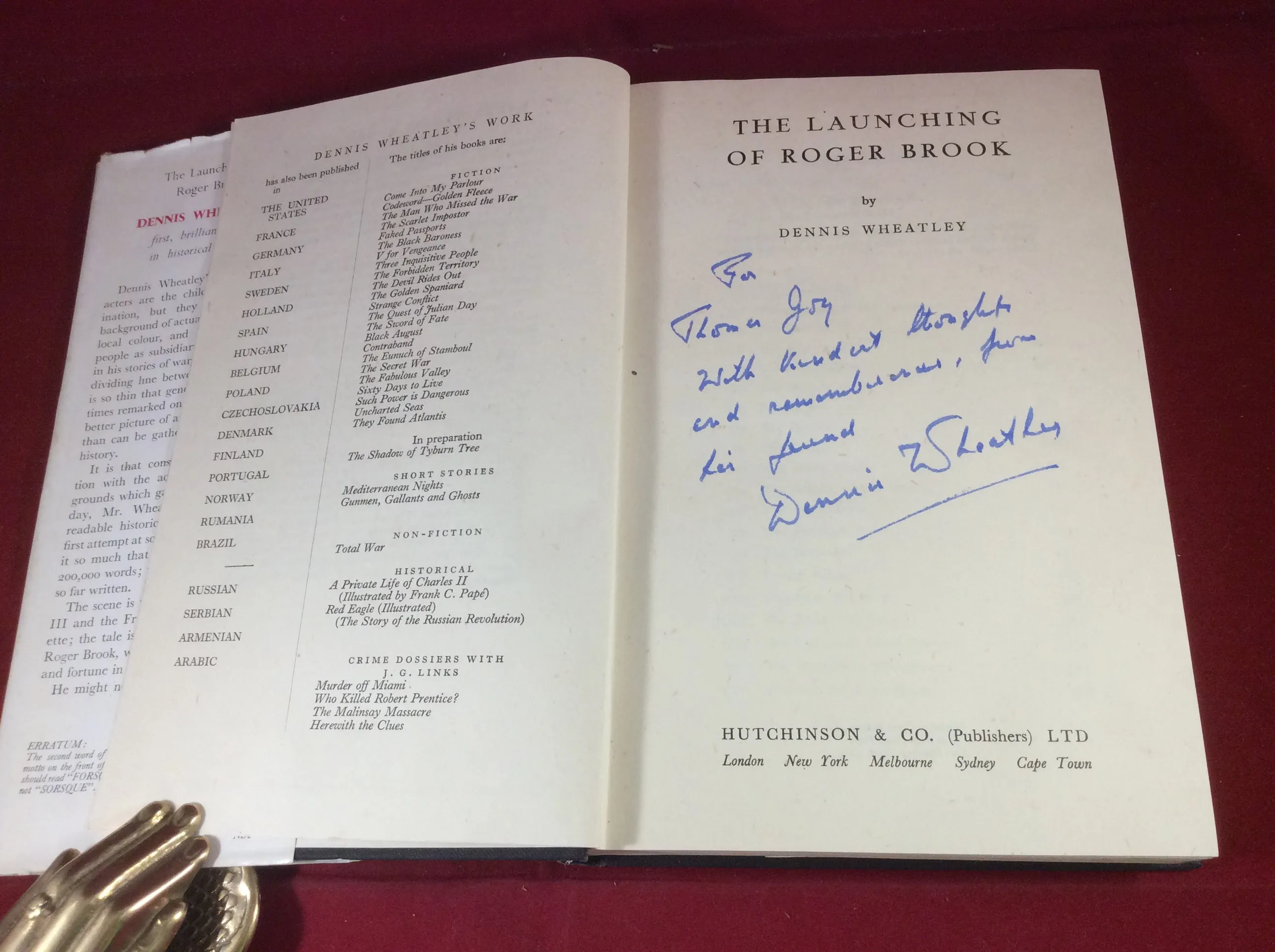 Dennis Wheatley, The Launching of Roger Brook, Hutchinson, No Date sighed and Inscribed.