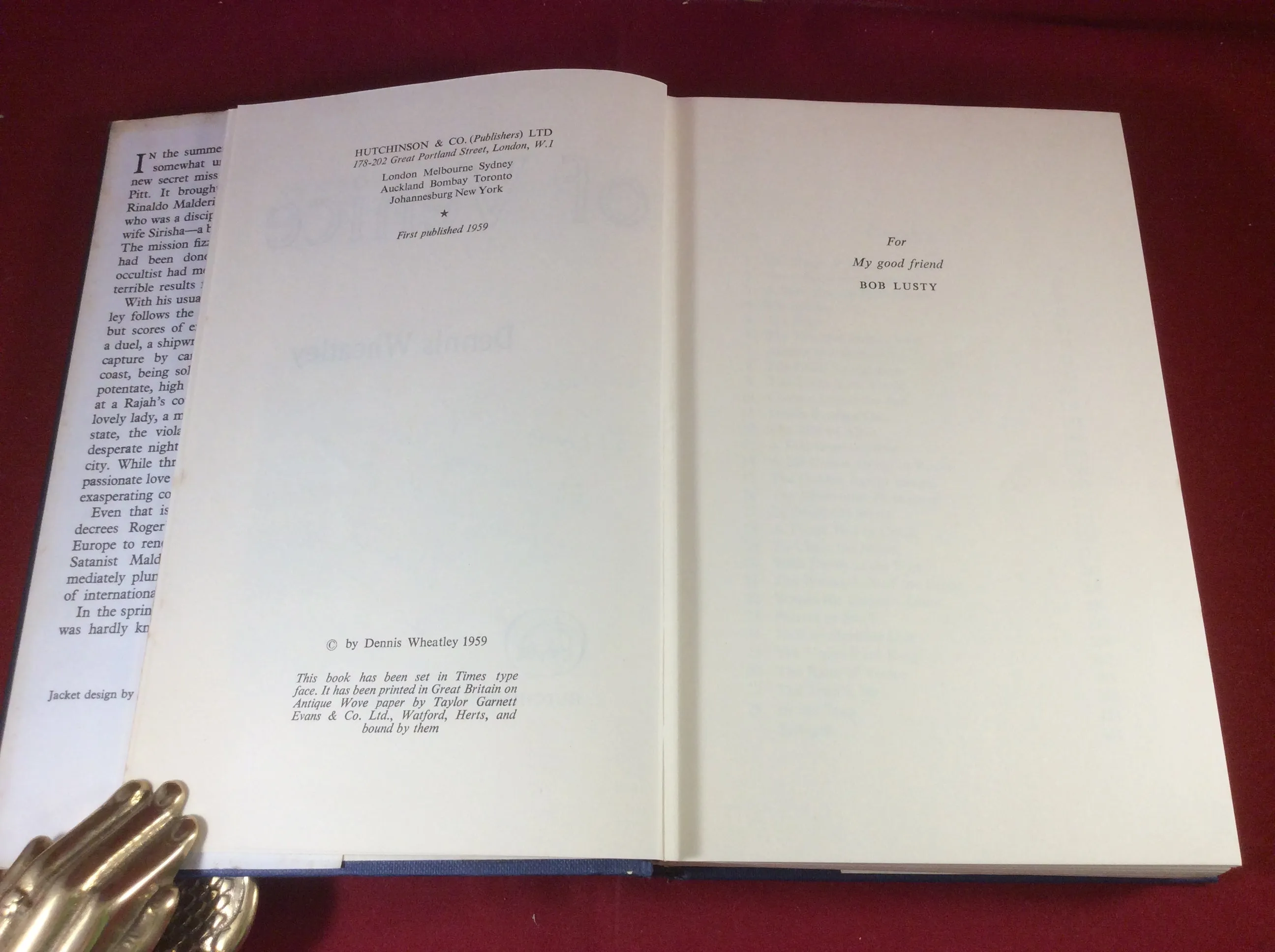 Dennis Wheatley, The Rape of Venice, Hutchinson, 1959, First Edition, Signed and Inscribed.