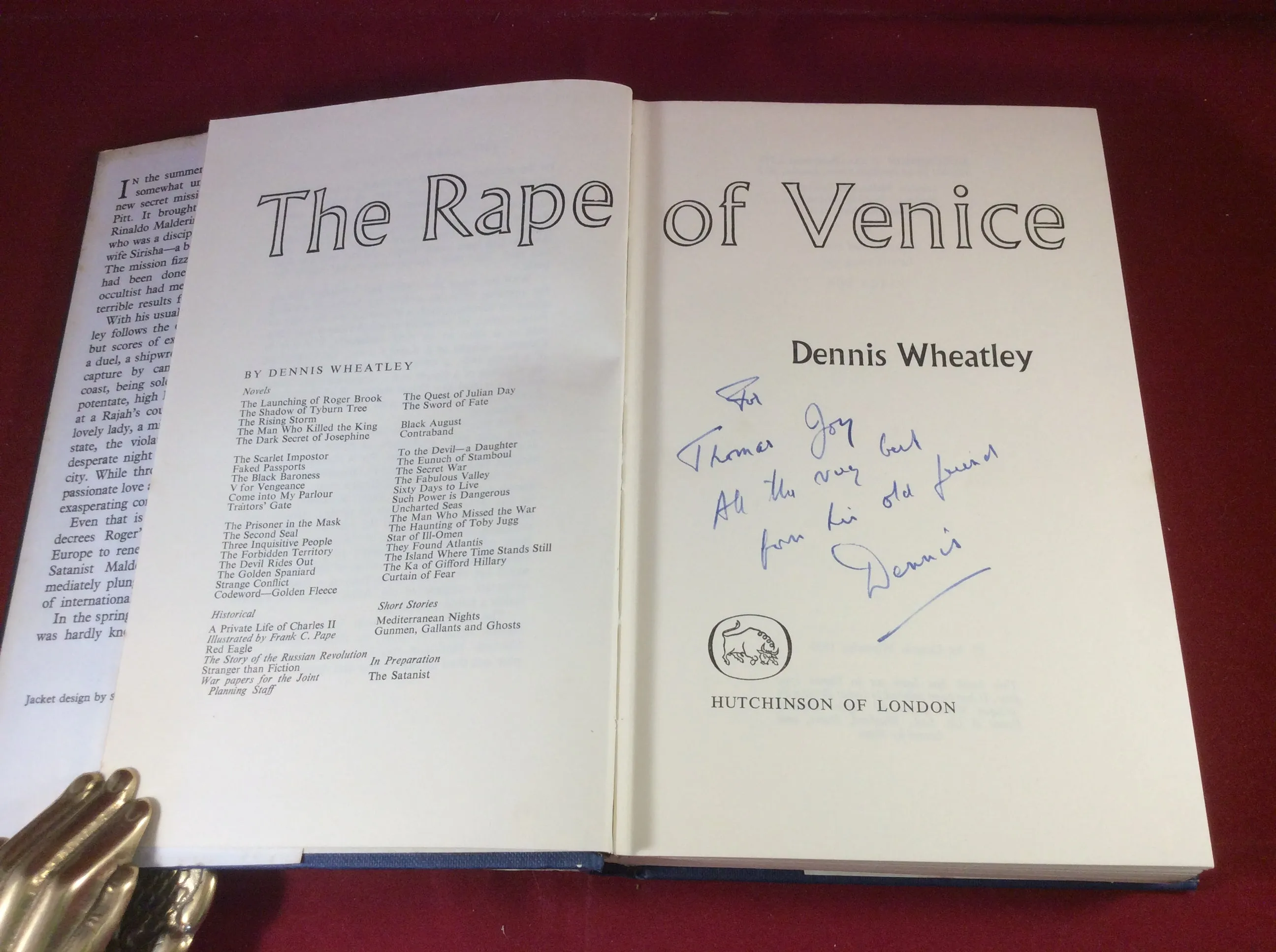 Dennis Wheatley, The Rape of Venice, Hutchinson, 1959, First Edition, Signed and Inscribed.