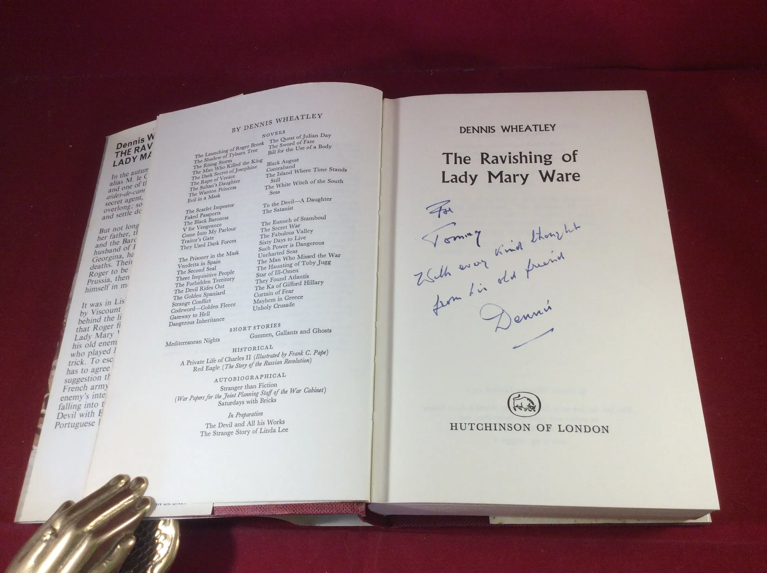 Dennis Wheatley, The Ravishing of Lady Mary Ware, Hutchinson, 1971, First Edition, Signed and Inscribed.