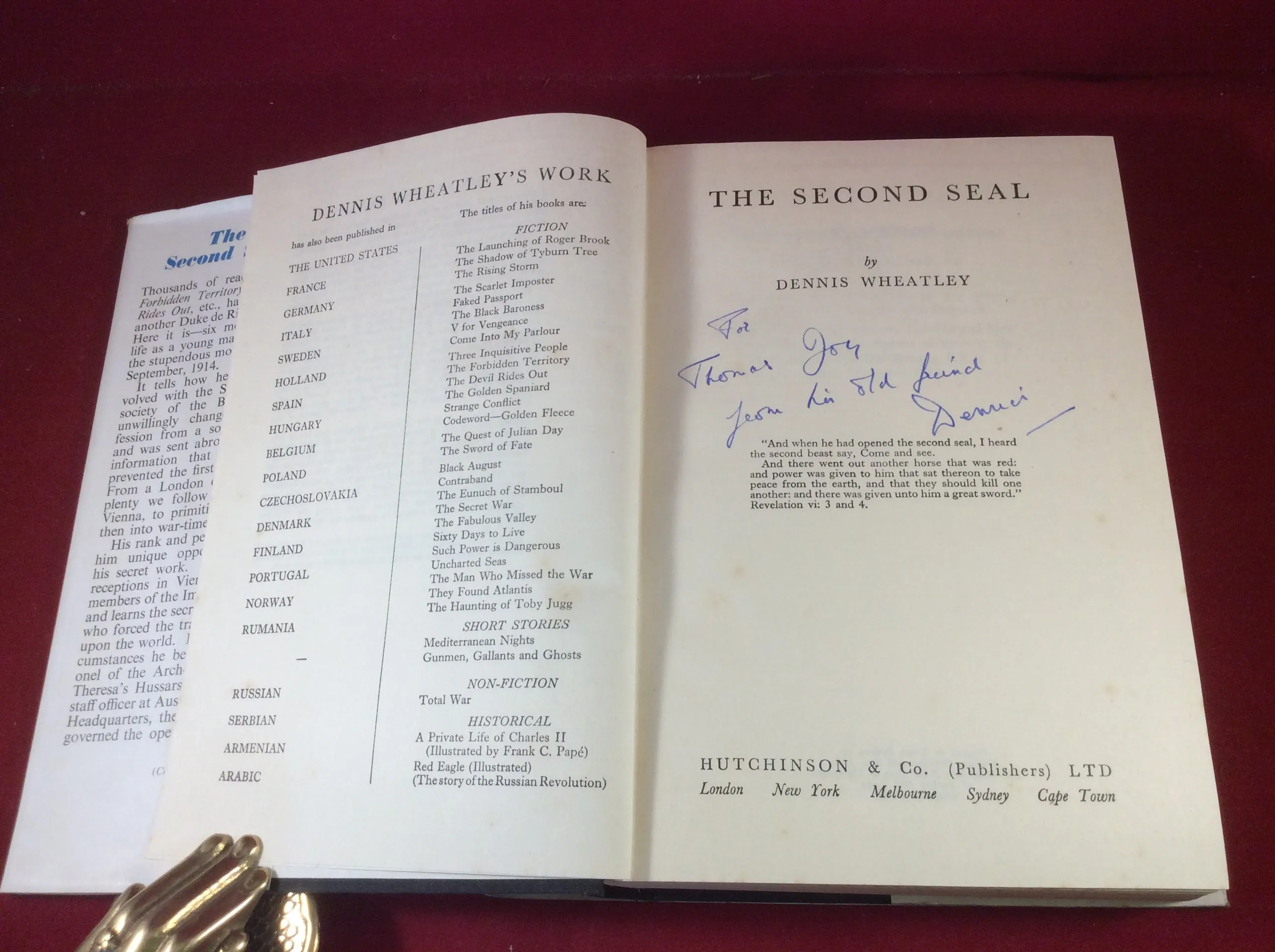 Dennis Wheatley, The Second Seal, Hutchinson, 1950, First Edition, Signed and Inscribed.