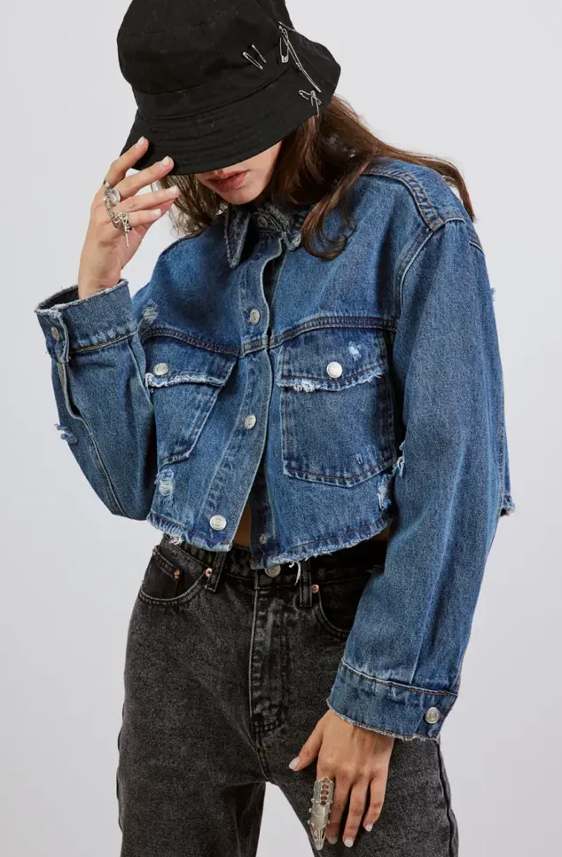 Distressed Round Curve Hemline Jean Jacket