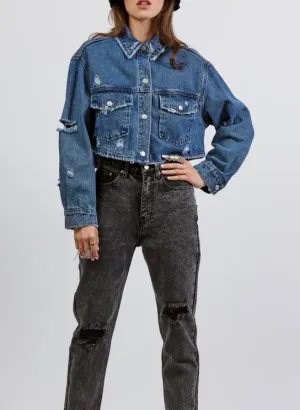Distressed Round Curve Hemline Jean Jacket
