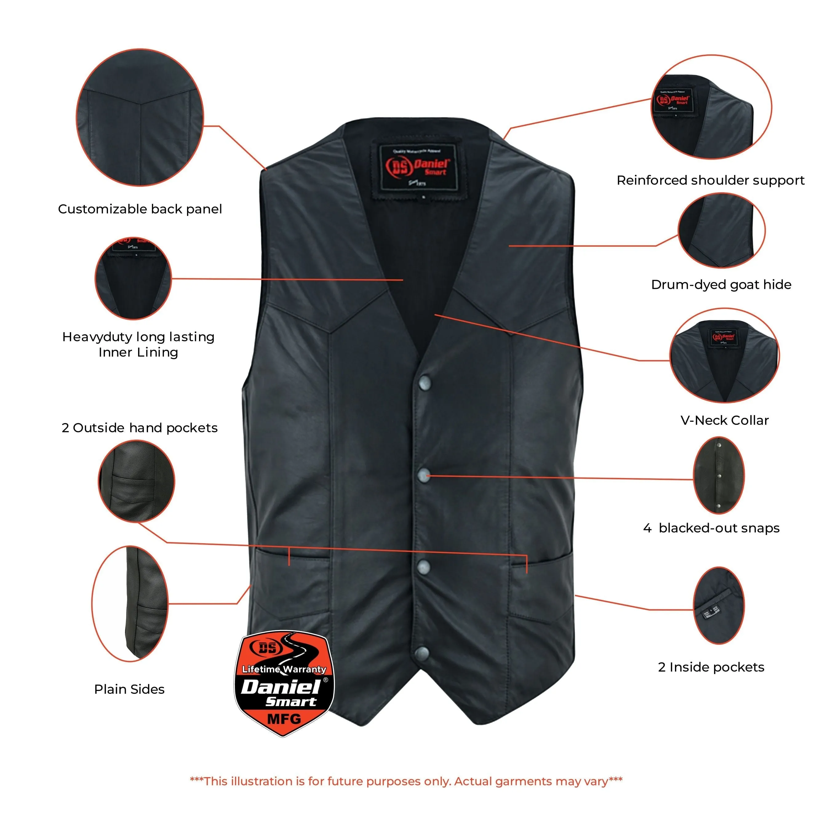 DS Men's Traditional Light Weight Black Leather Motorcycle Vest