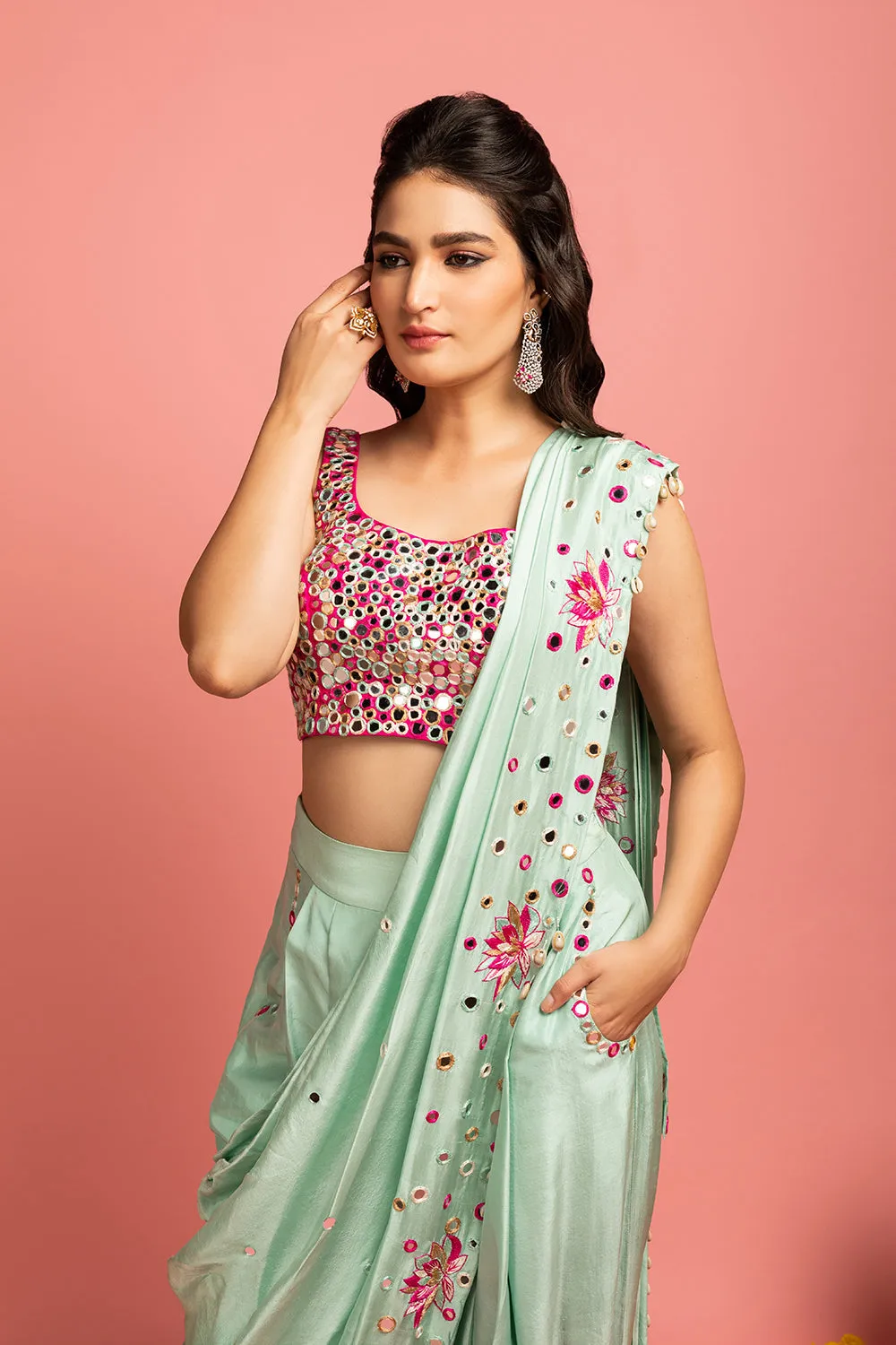 Dupion Silk Saree Drape, With Low-Crotch Pants And Blouse