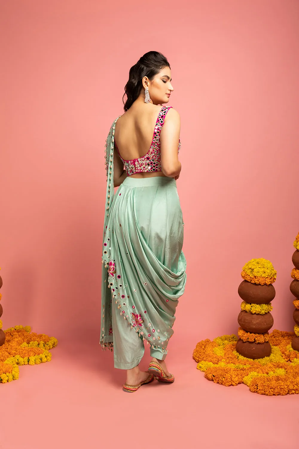 Dupion Silk Saree Drape, With Low-Crotch Pants And Blouse
