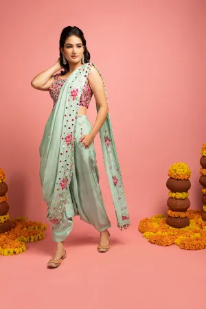 Dupion Silk Saree Drape, With Low-Crotch Pants And Blouse