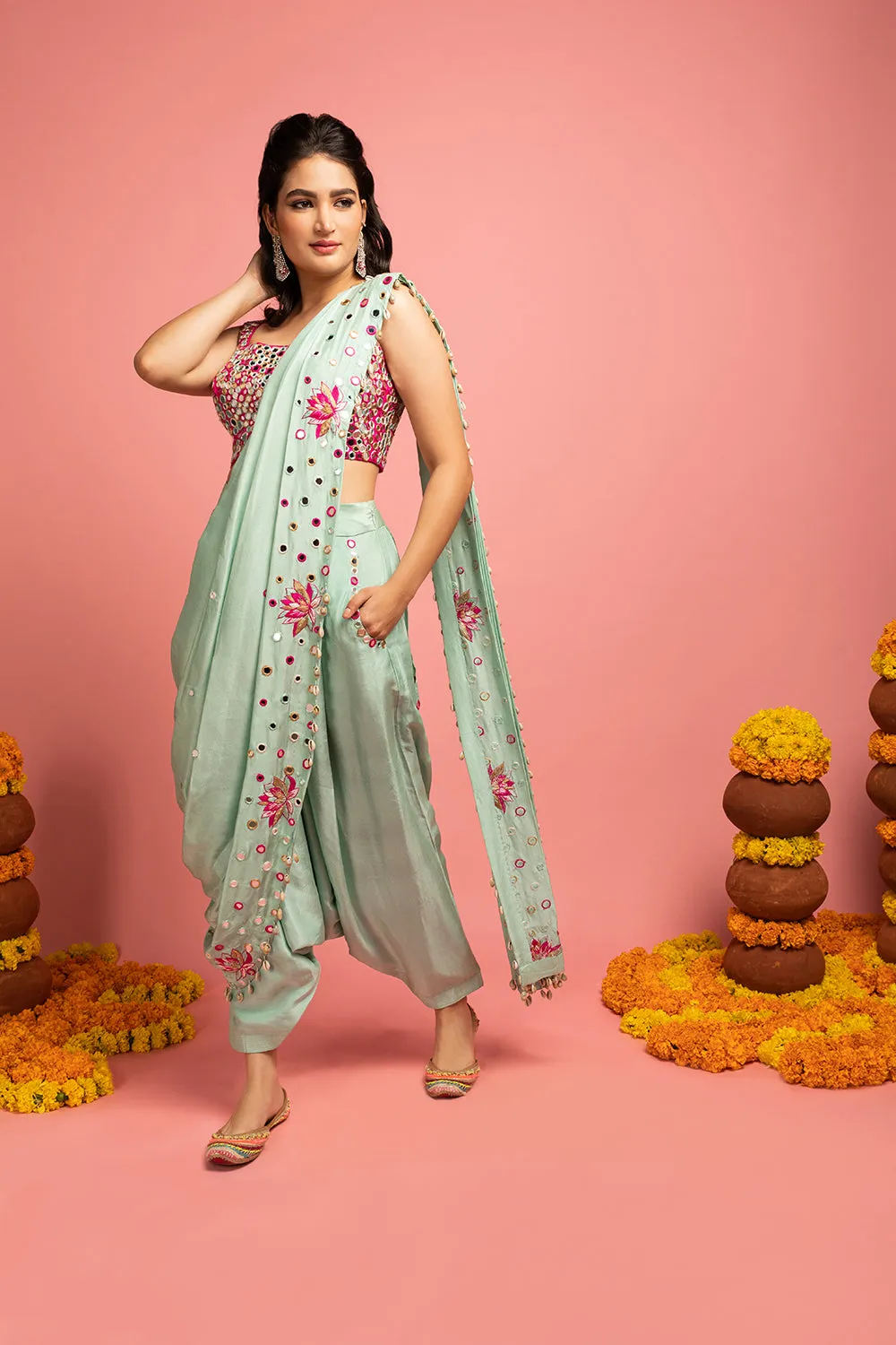 Dupion Silk Saree Drape, With Low-Crotch Pants And Blouse