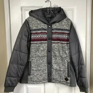 Eddie Bauer Women's XL Gray with Fair Isle Knit Puffer Jacket Snap Front Hooded