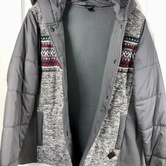 Eddie Bauer Women's XL Gray with Fair Isle Knit Puffer Jacket Snap Front Hooded